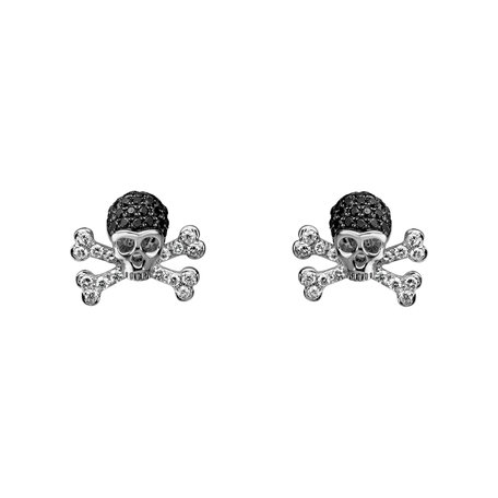 Náušnice s bielymi a čiernymi diamantmi Luxury Skull